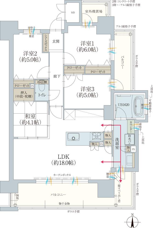 オーヴィジョン岩国麻里布の間取り図　F：4LDK
