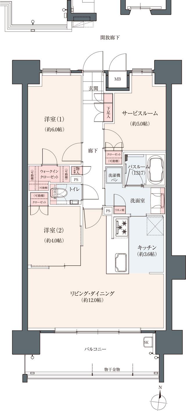 ソシオ戸坂の間取り図　B：2LDK+S+WIC