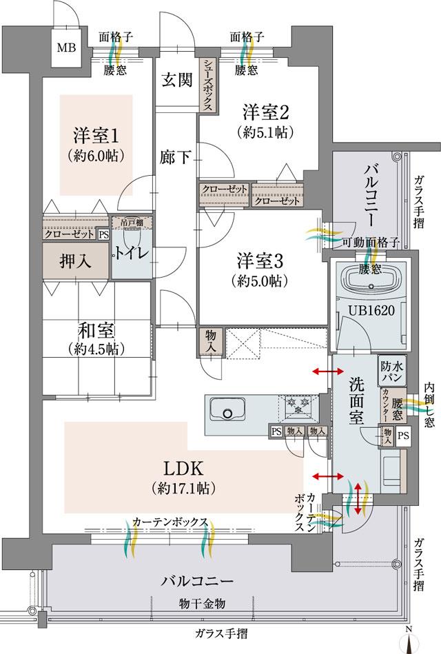オーヴィジョン新下関プレステージの間取り図　F：4LDK