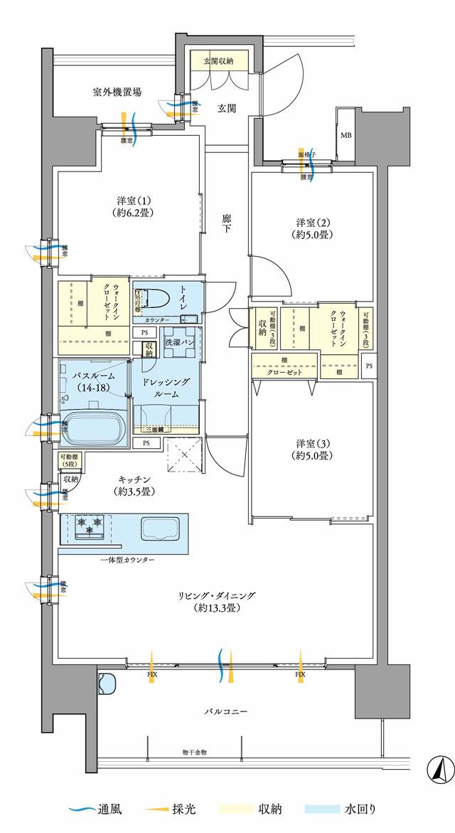サーパス岡山南方グランオアシスの間取り図　A：3LDK+2WIC