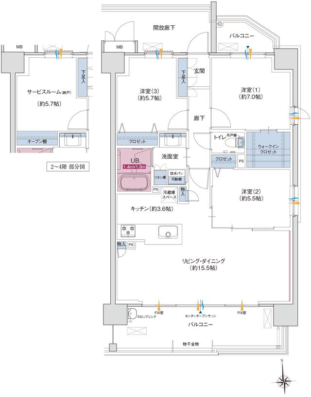 ポレスター香椎駅前の間取り図　E：3LDK+ウォークインクロゼット(5～9階)／2LDK+S(納戸)+ウォークインクロゼット(2～4階)