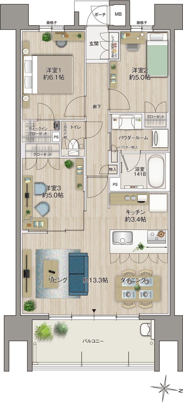MJR浦上ザ・レジデンスの間取り図　C：3LDK+WIC