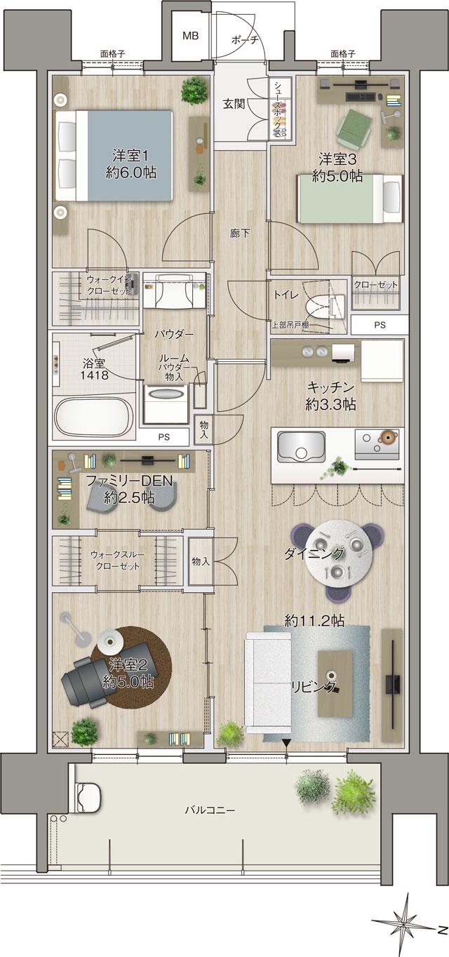 MJR浦上ザ・レジデンスの間取り図　G：3LDK+ファミリーDEN+WIC+WTC