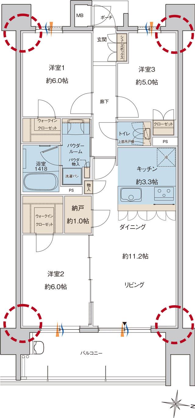 MJR浦上ザ・レジデンスの間取り図　G(メニュープラン)：3LDK+N+2WIC