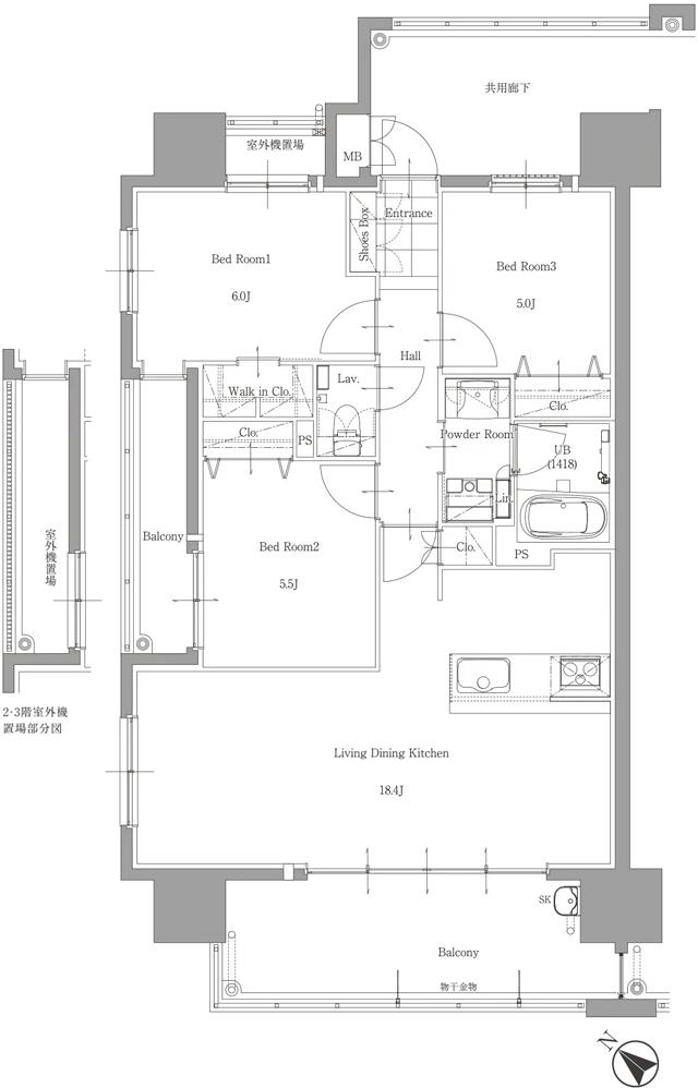 サンパーク春日原駅EXIAの間取り図　A：3LDK+W.I.C