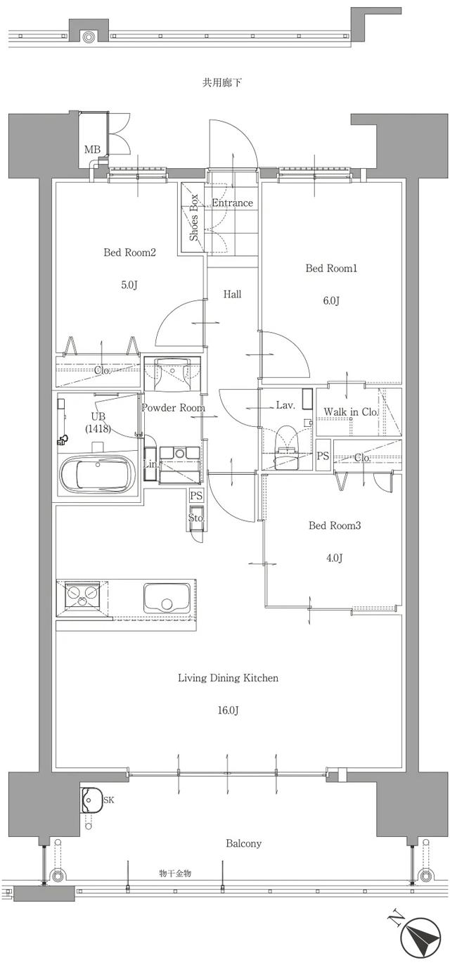 サンパーク春日原駅EXIAの間取り図　B：3LDK+W.I.C
