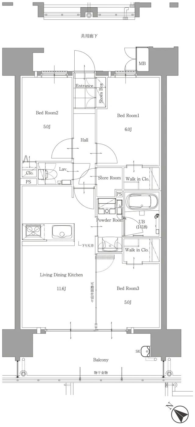 サンパーク春日原駅EXIAの間取り図　C：3LDK+2W.I.C+Sto