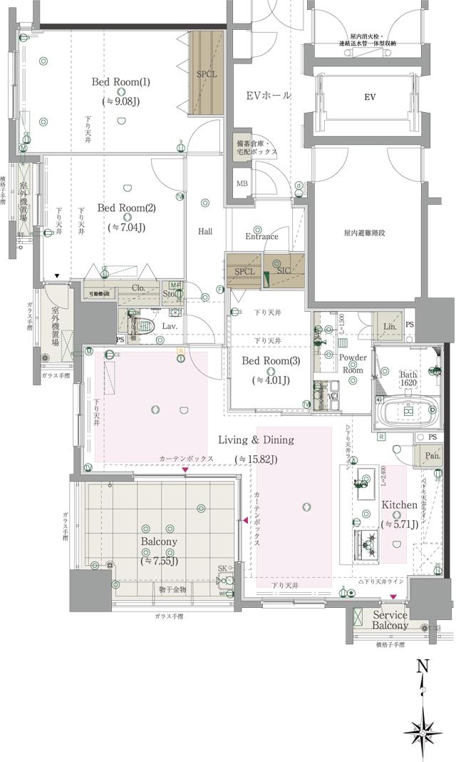 CLUB THE.HOUSE大橋テラスの間取り図　B：3LDK