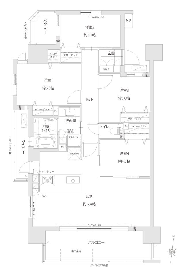レクシア柳丸ガーデンフォートの間取り図　A：4LDK
