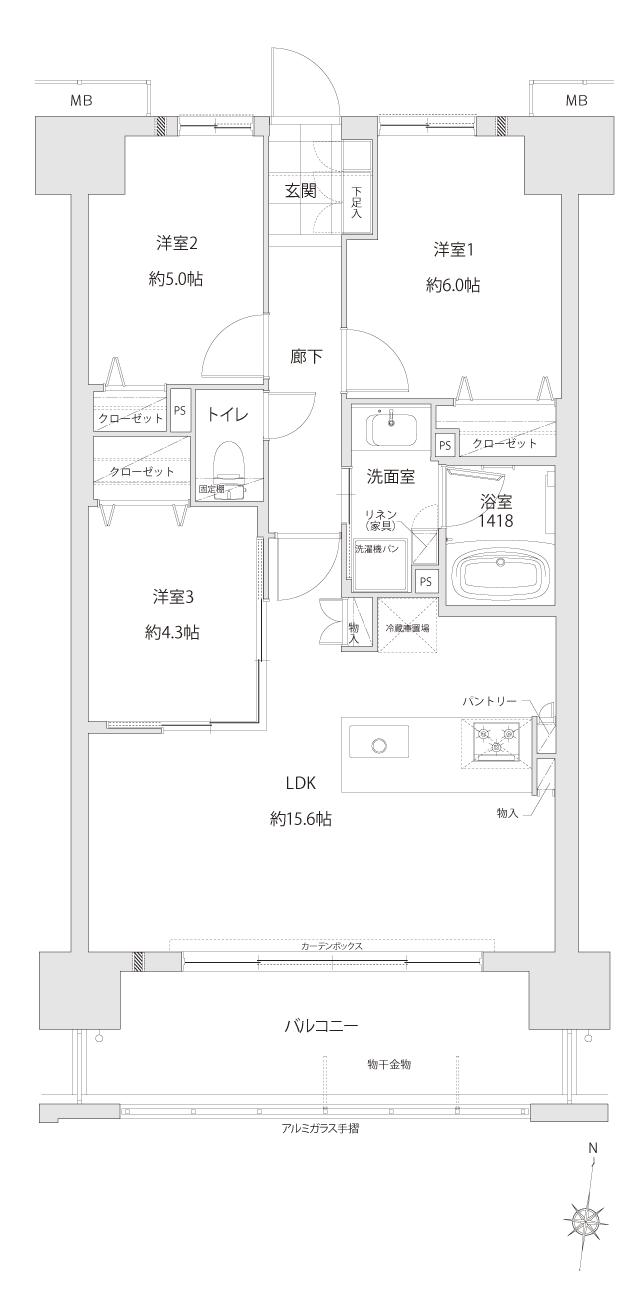 レクシア柳丸ガーデンフォートの間取り図　C：3LDK