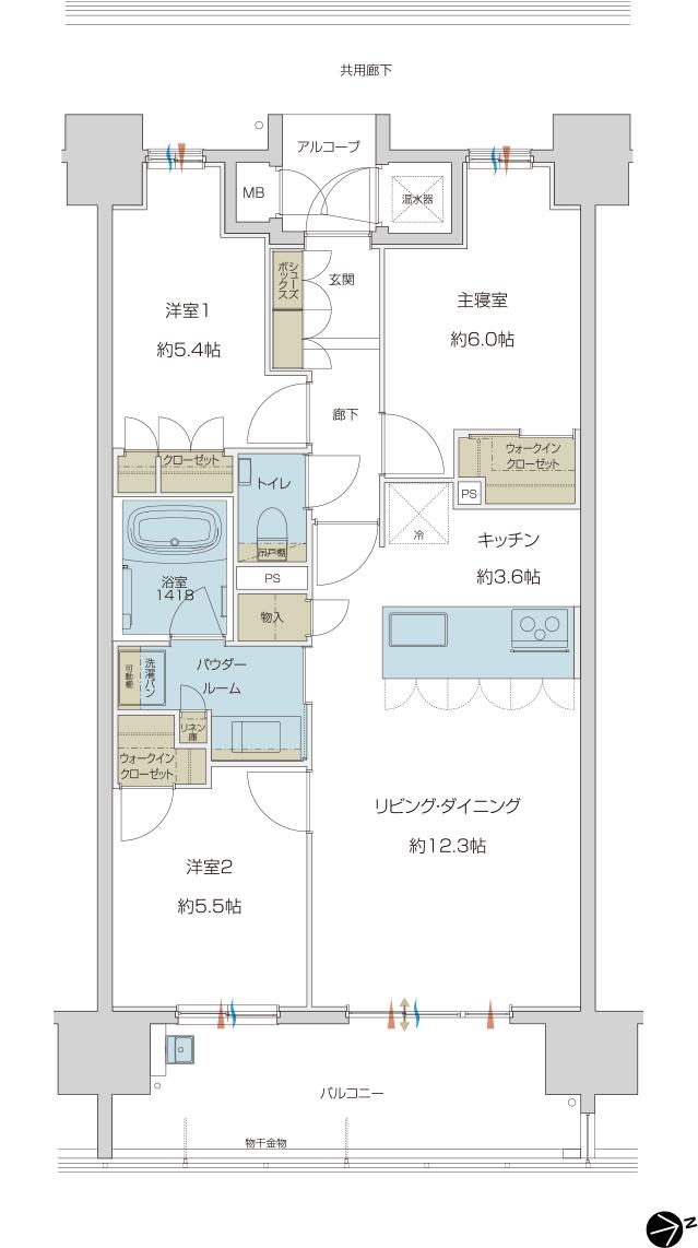 グランドオーク帯山の間取り図　C：3LDK+2WIC