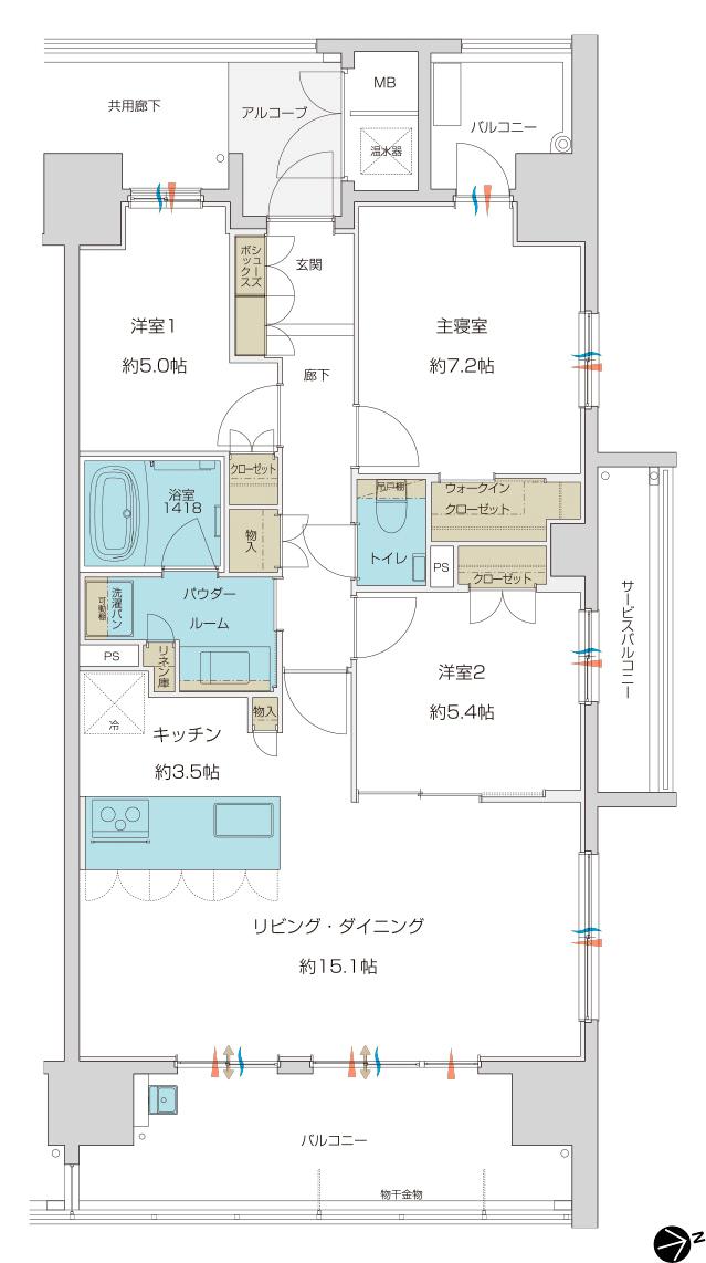 グランドオーク帯山の間取り図　F：3LDK+WIC