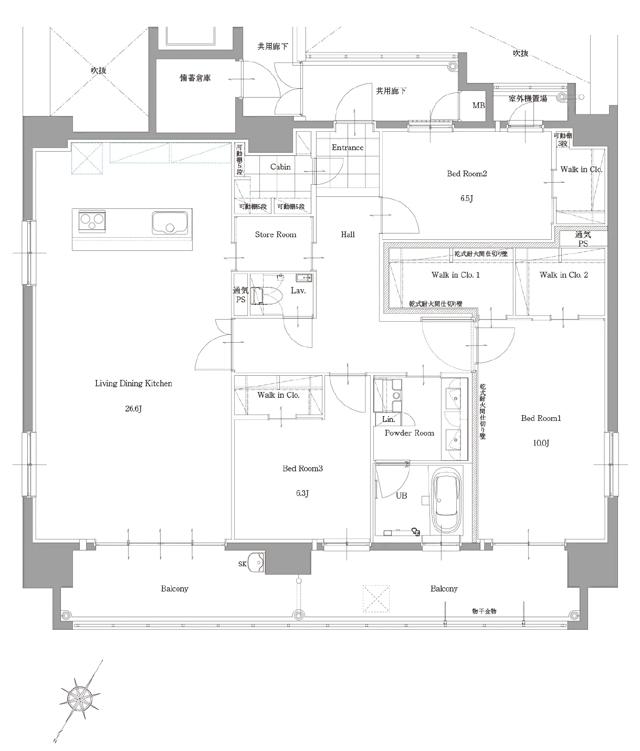 サンパーク桜町レジデンスの間取り図　E：3LDK+4W.I.C+Sto+Cabin
