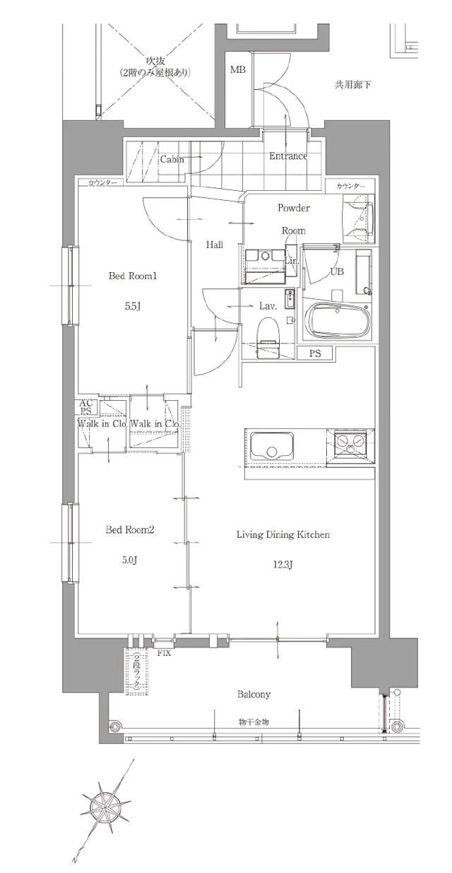 サンパーク桜町レジデンスの間取り図　B：2LDK+2W.I.C+Cabin