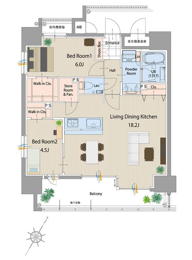 サンパーク桜町レジデンスの間取り図　C：3LDK+2W.I.C+Sto