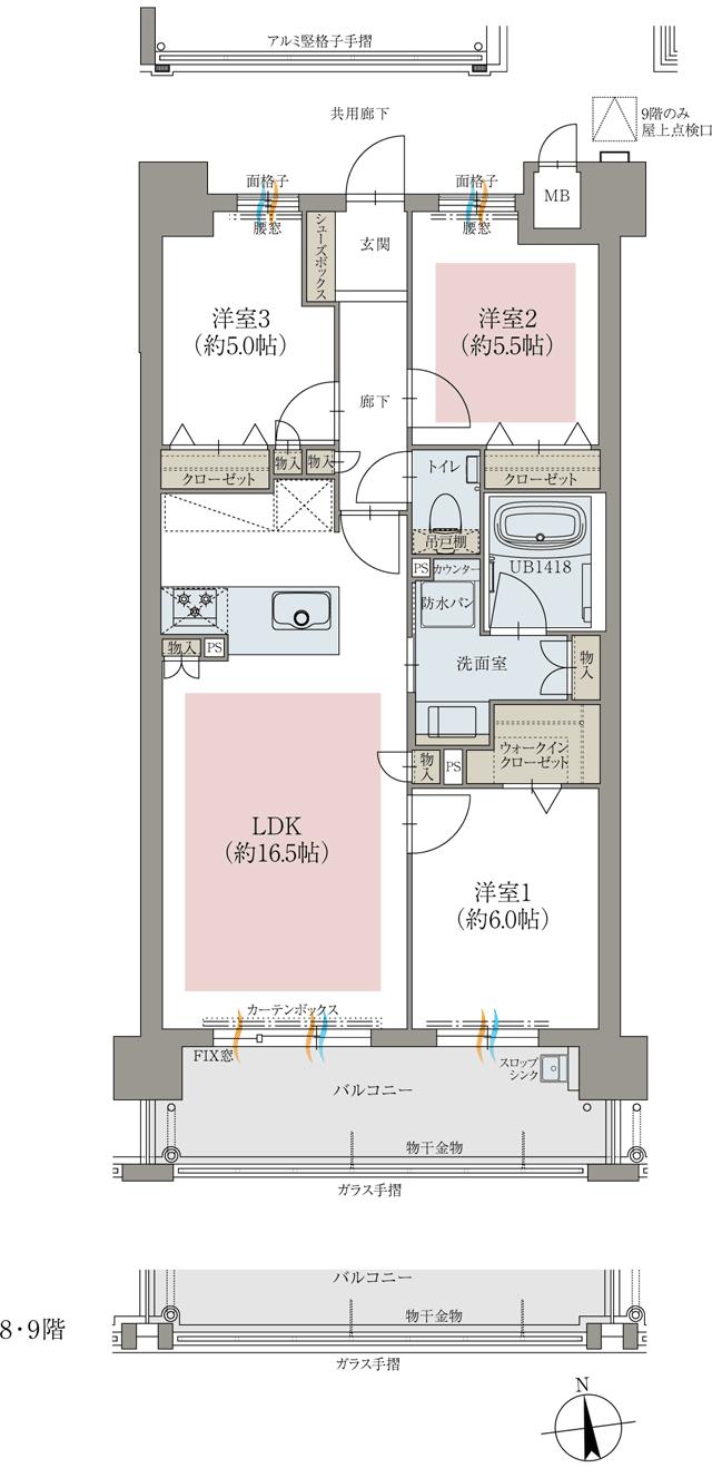 オーヴィジョン井尻の間取り図　B：3LDK+WIC