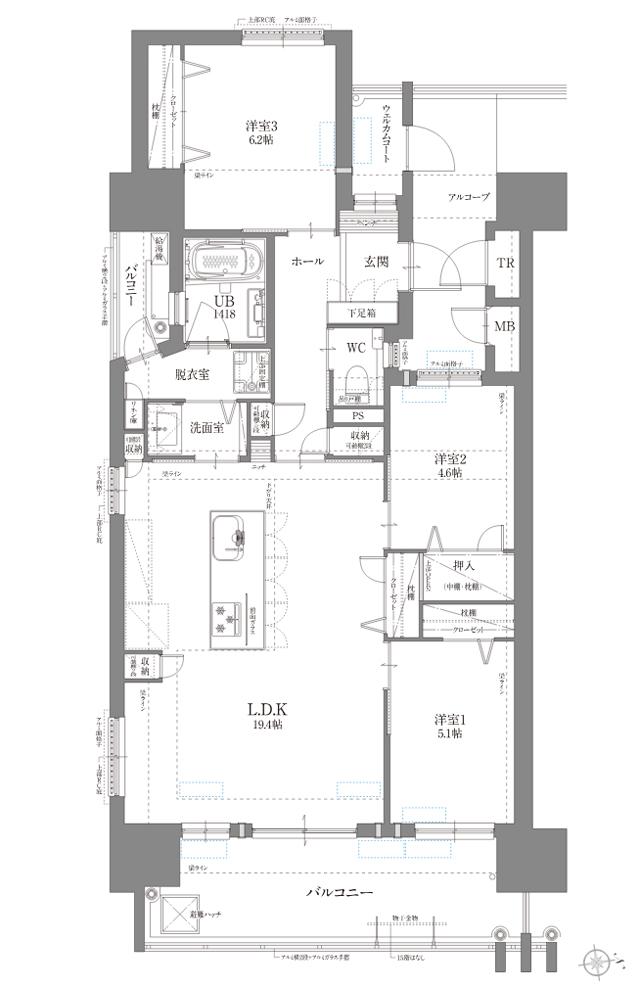 リヴィエールベイステーション小倉タワーレジデンスの間取り図　A：3LDK