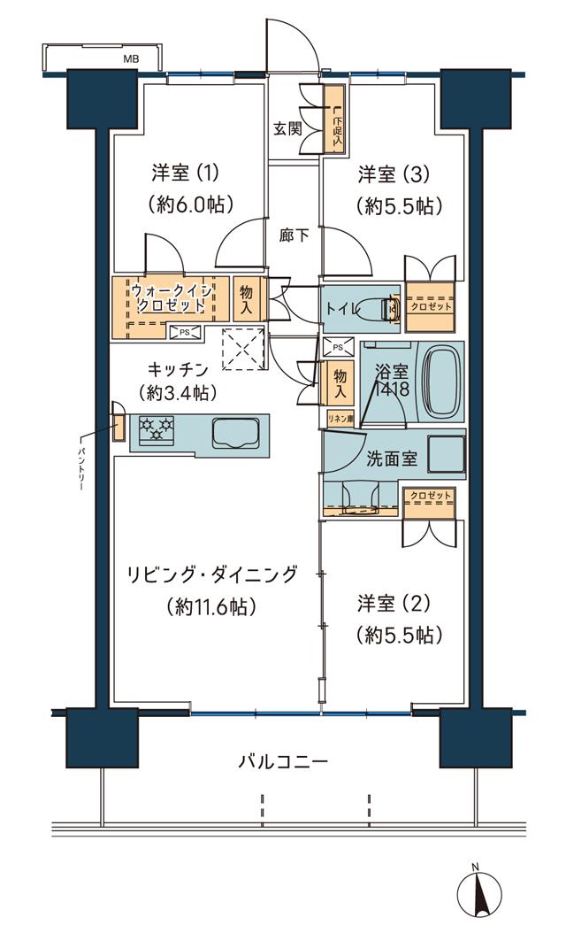 レーベン宮崎 ONE TOWERの間取り図　C：3LDK+WIC