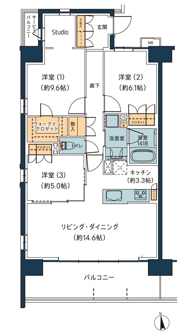 レーベン宮崎 ONE TOWERの間取り図　F：3LDK+S+WIC