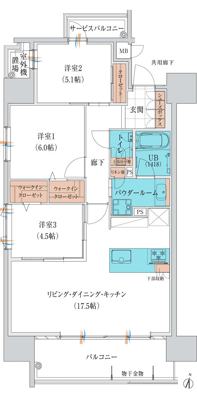 グランドパレス飯塚の間取り図　A：3LDK+2WIC