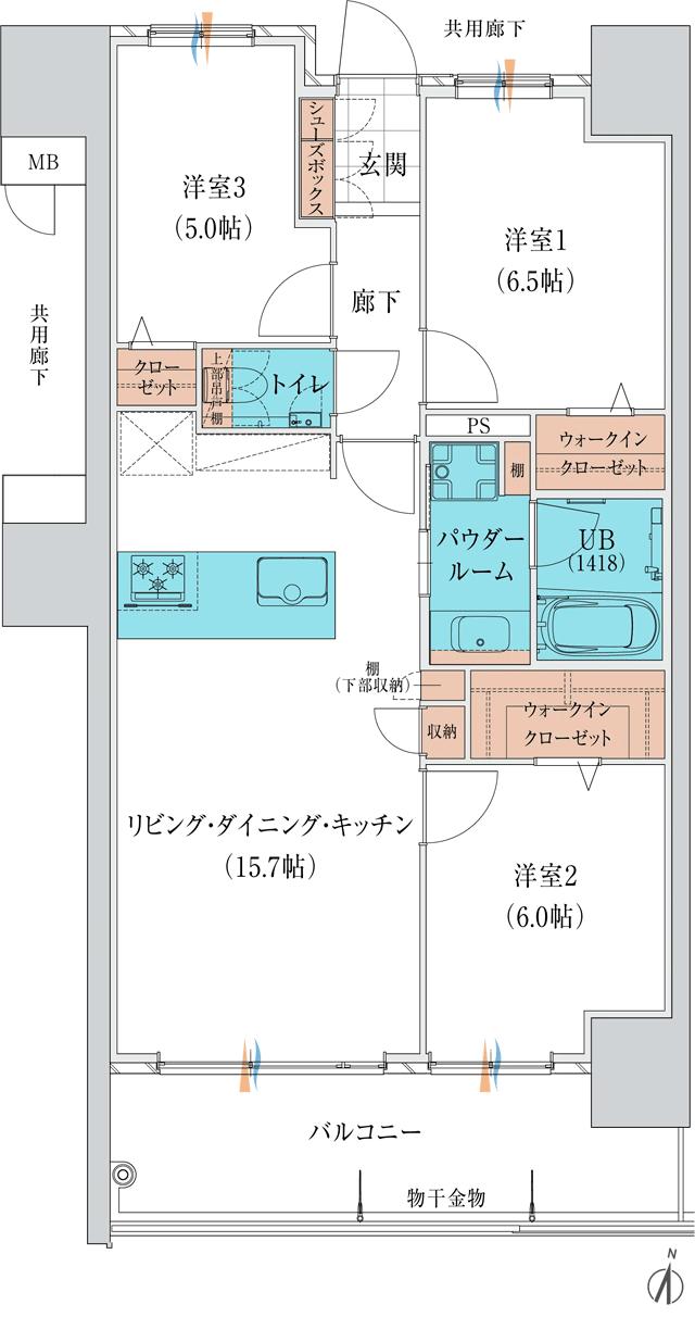 グランドパレス飯塚の間取り図　C：3LDK+2WIC