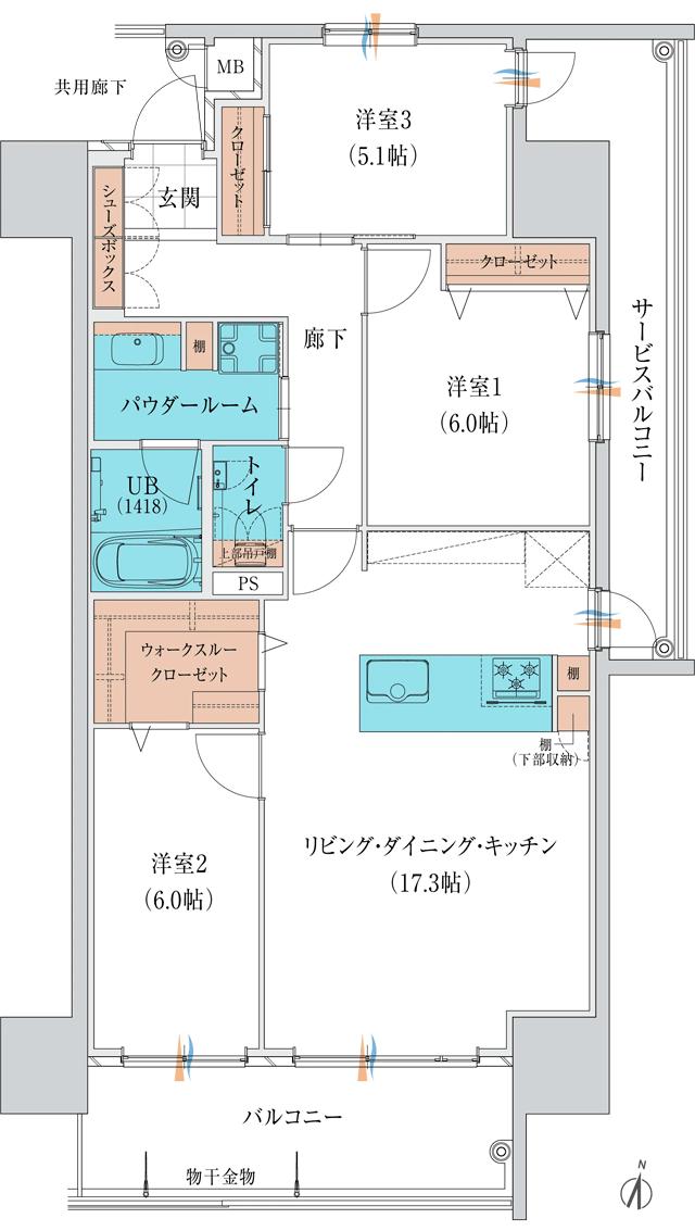 グランドパレス飯塚の間取り図　D：3LDK+WC