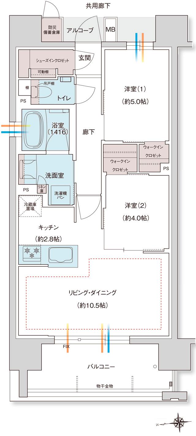 ジェイグラン大濠公園の間取り図　A：2LDK+2WIC+SIC