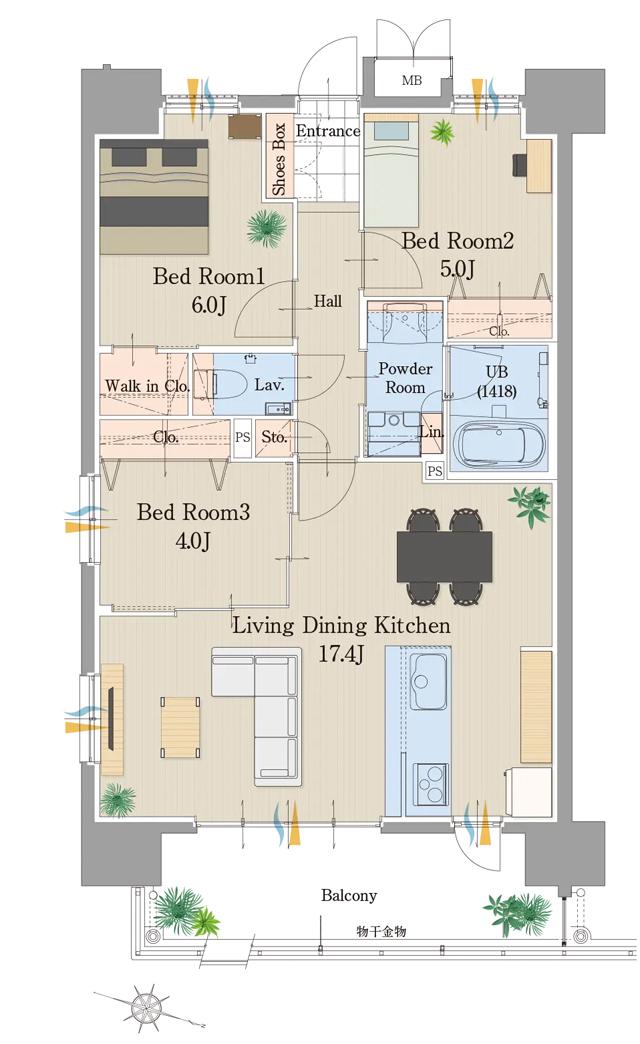 サンパーク新大江グラッセの間取り図　A：3LDK+W.I.C