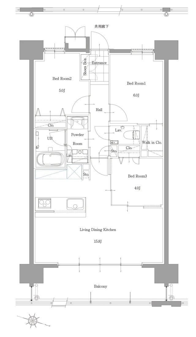 サンパーク新大江グラッセの間取り図　B：3LDK+W.I.C