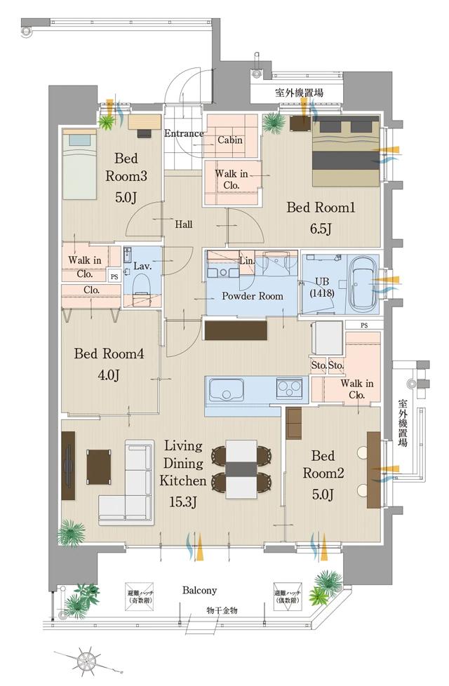 サンパーク新大江グラッセの間取り図　D：4LDK+3W.I.C+CABIN