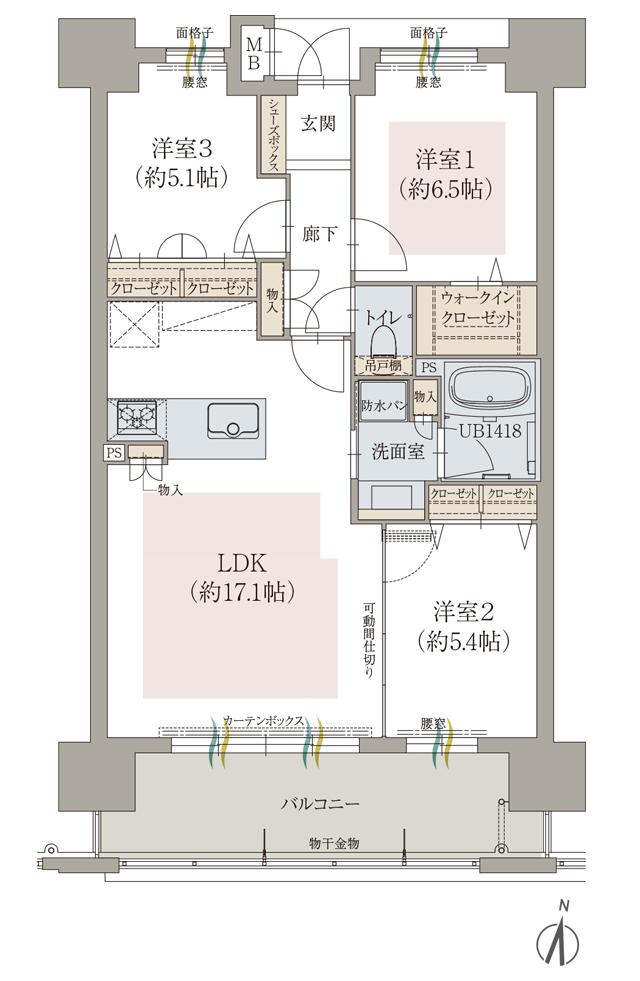 オーヴィジョン佐賀駅ザ・プライムの間取り図　C：3LDK+WIC