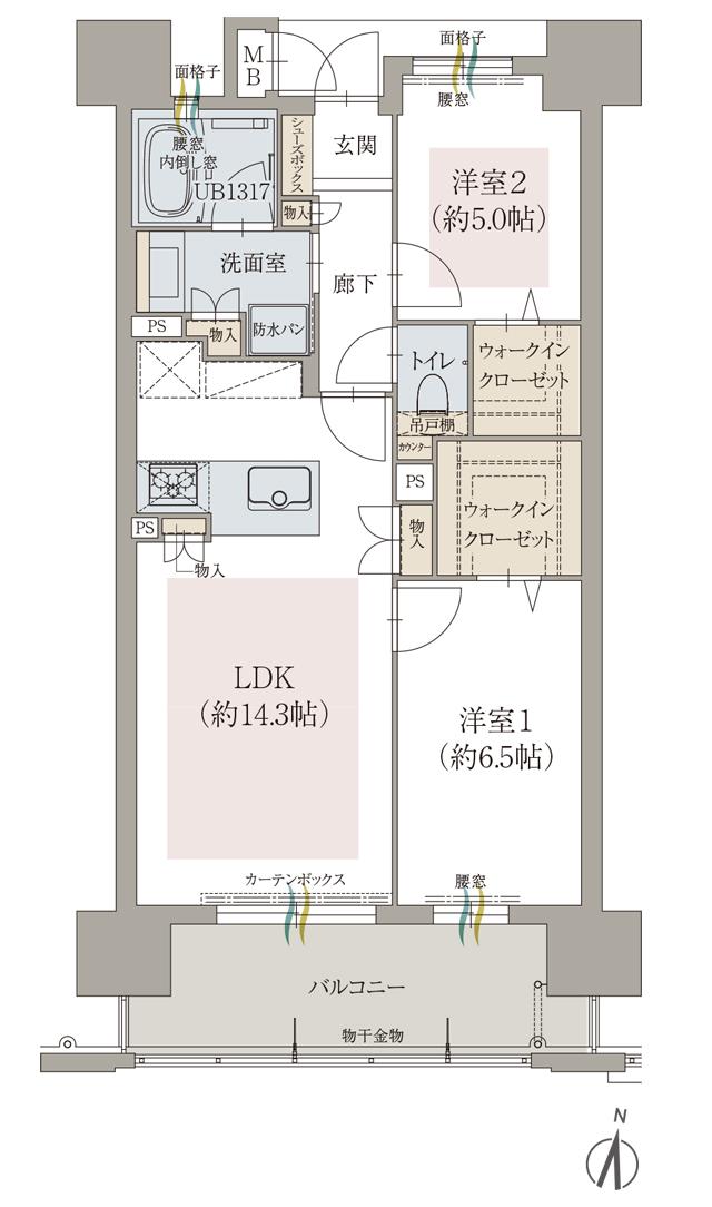 オーヴィジョン佐賀駅ザ・プライムの間取り図　E：2LDK+2WIC