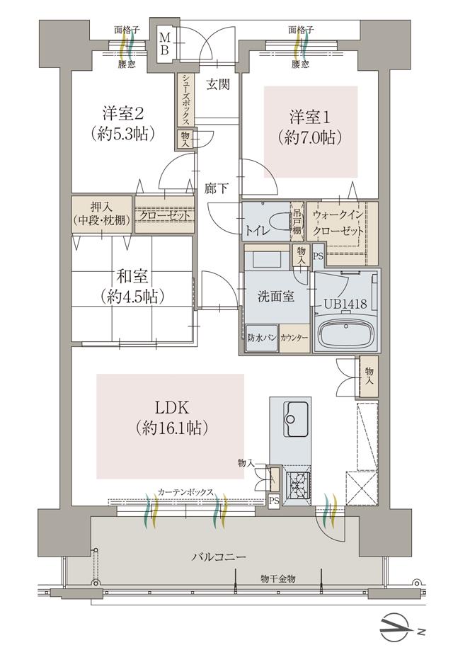 オーヴィジョン佐賀駅ザ・プライムの間取り図　H：3LDK+WIC