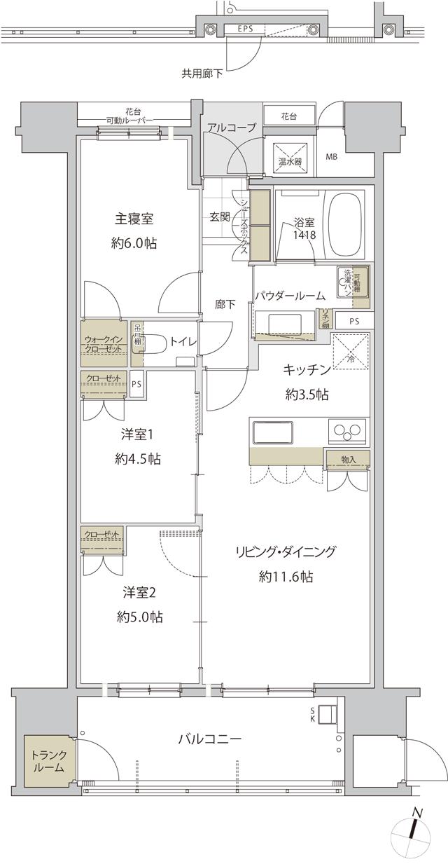 グランドオーク諏訪野町の間取り図　B：3LDK