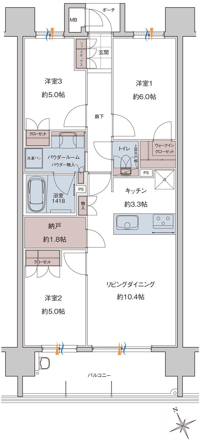 MJR千早ミッドスクエアの間取り図　G：3LDK+WIC+N