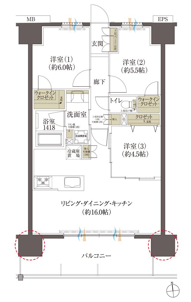 レーベン熊本練兵町の間取り図　C：3LDK+2WIC