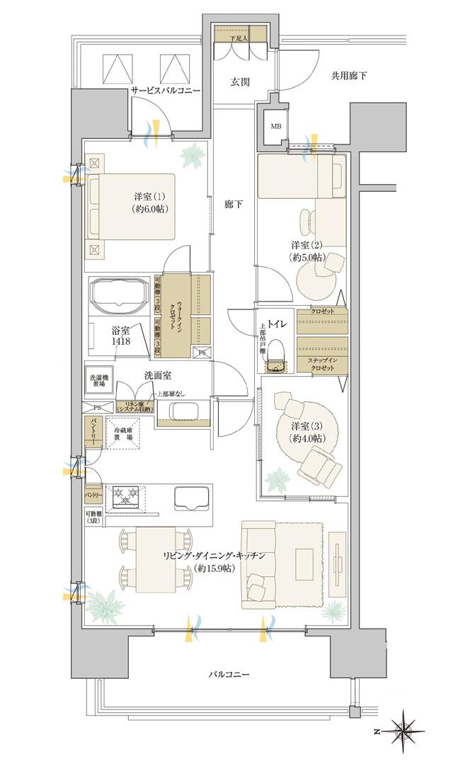レーベン熊本駅レクシアの間取り図　A：3LDK+WIC+STIC
