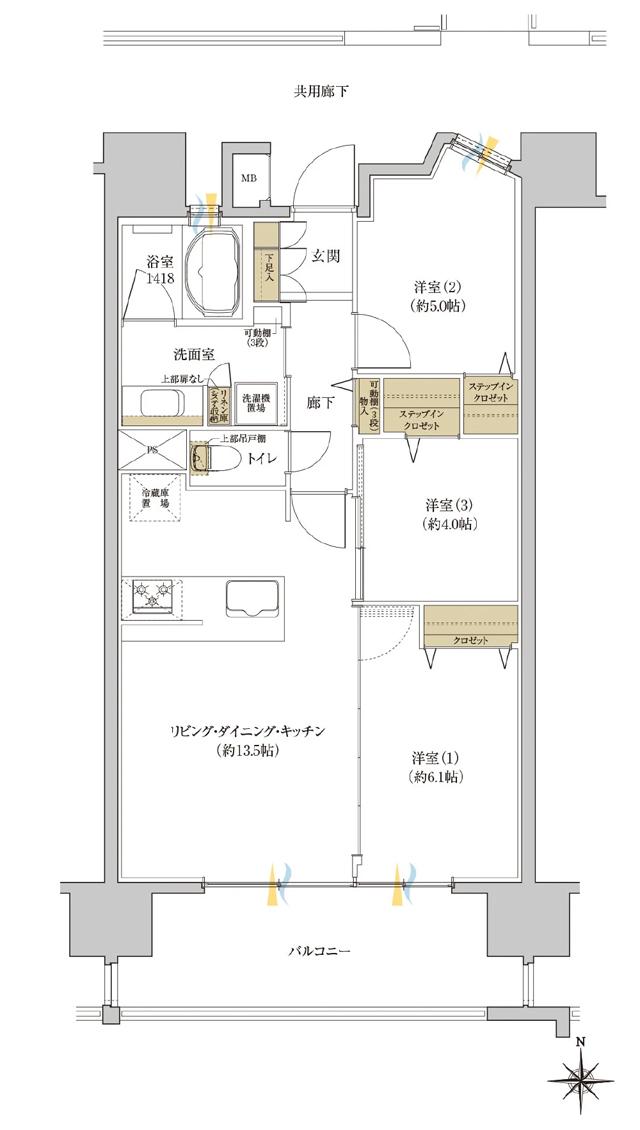 レーベン熊本駅レクシアの間取り図　F：3LDK+2STIC