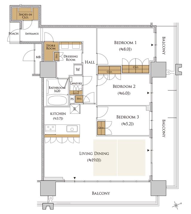 MJR熊本ゲートタワーの間取り図　E-E：3LDK+SR+SIC