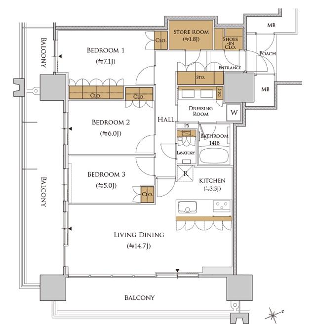 MJR熊本ゲートタワーの間取り図　U-C：3LDK+SR+SIC