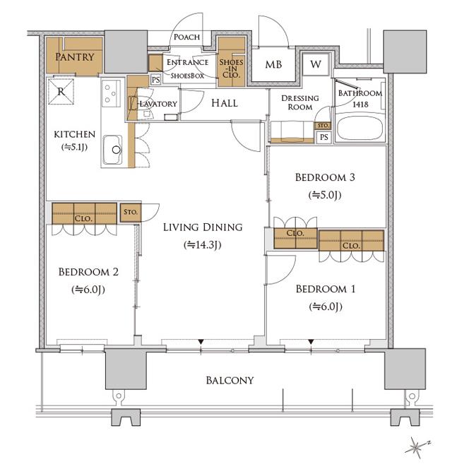 MJR熊本ゲートタワーの間取り図　E-D：3LDK+SIC+PAN