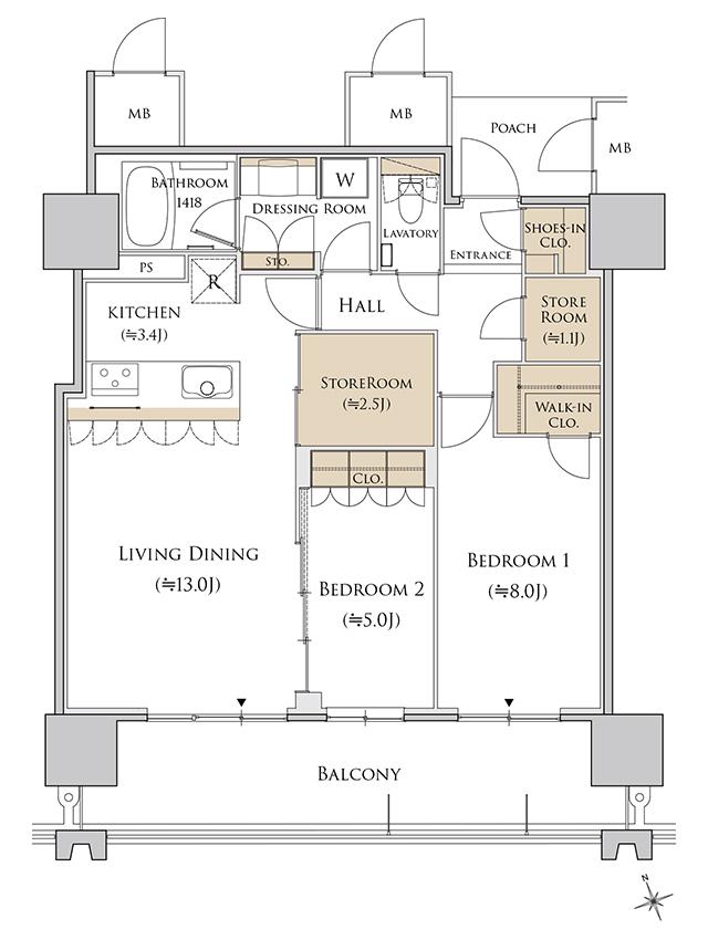 MJR熊本ゲートタワーの間取り図　E-B：2LDK+2SR+WIC+SIC