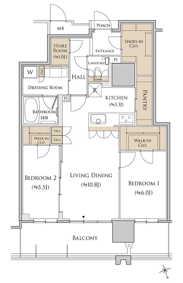 MJR熊本ゲートタワーの間取り図　E-F：2LDK+SR+2WIC+SIC+PAN