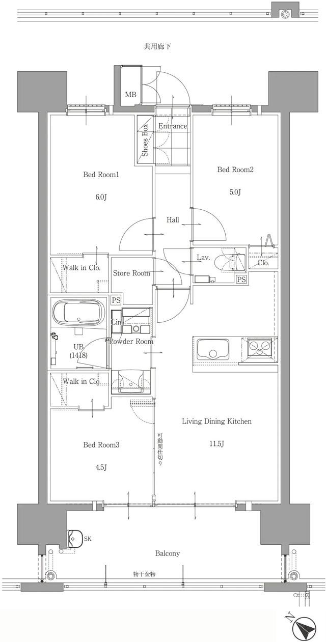 サンパーク春日原駅グラッセの間取り図　B：3LDK+2W.I.C+Sto