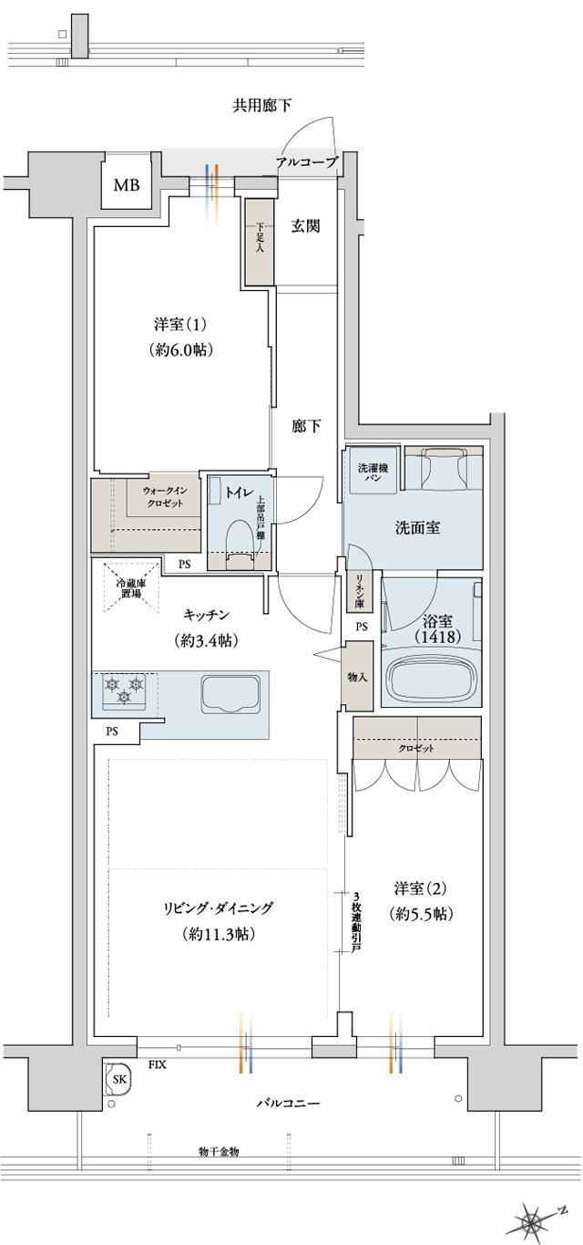 ジェイグラン六本松レジデンスの間取り図　E：2LDK+WIC