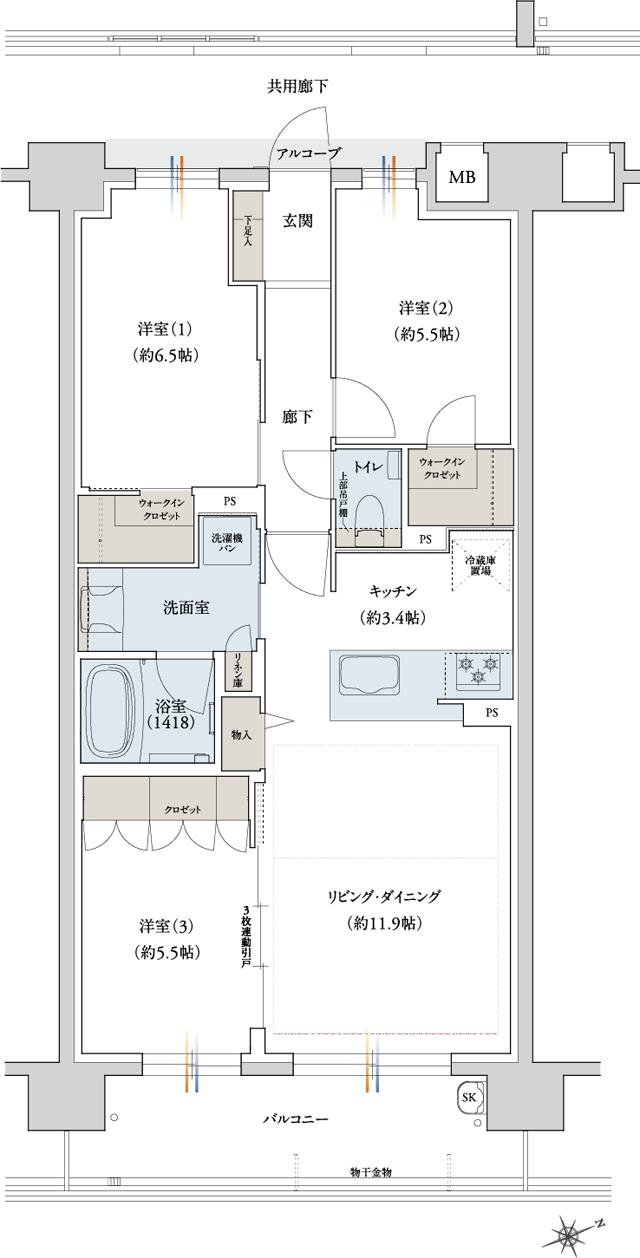 ジェイグラン六本松レジデンスの間取り図　C：3LDK+2WIC