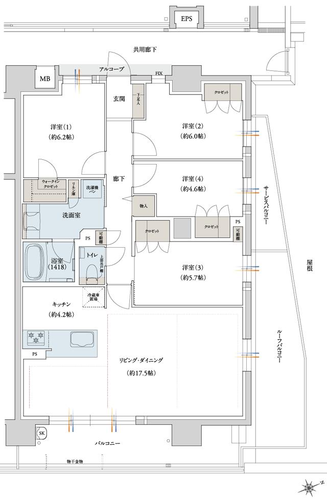 ジェイグラン六本松レジデンスの間取り図　H：4LDK+WIC