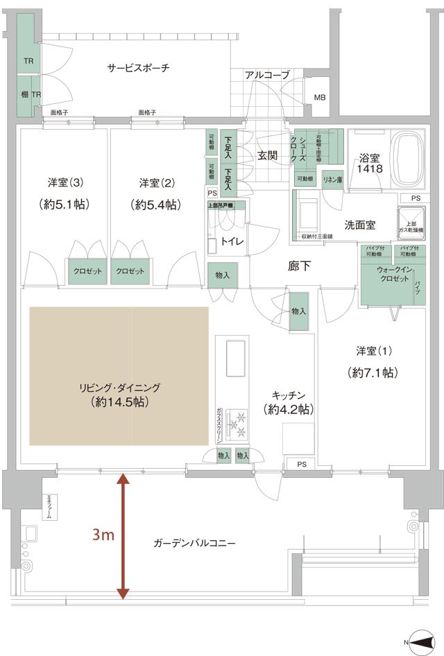 アイランドシティ　ザ・ガーデンの間取り図　V-II H：3LDK+WIC+SC+SP