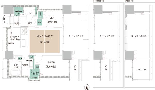 アイランドシティ　ザ・ガーデンの間取り図　R-I F：1LDK+DEN+WIC+SC