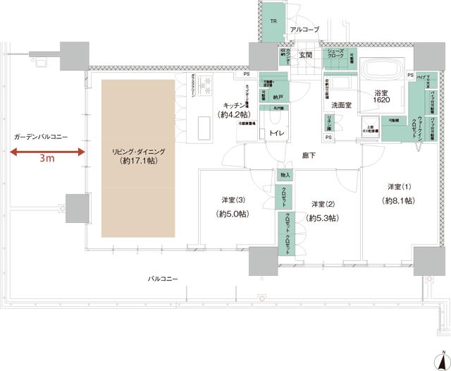 アイランドシティ　ザ・ガーデンの間取り図　R-I I：3LDK+WIC+SC+N